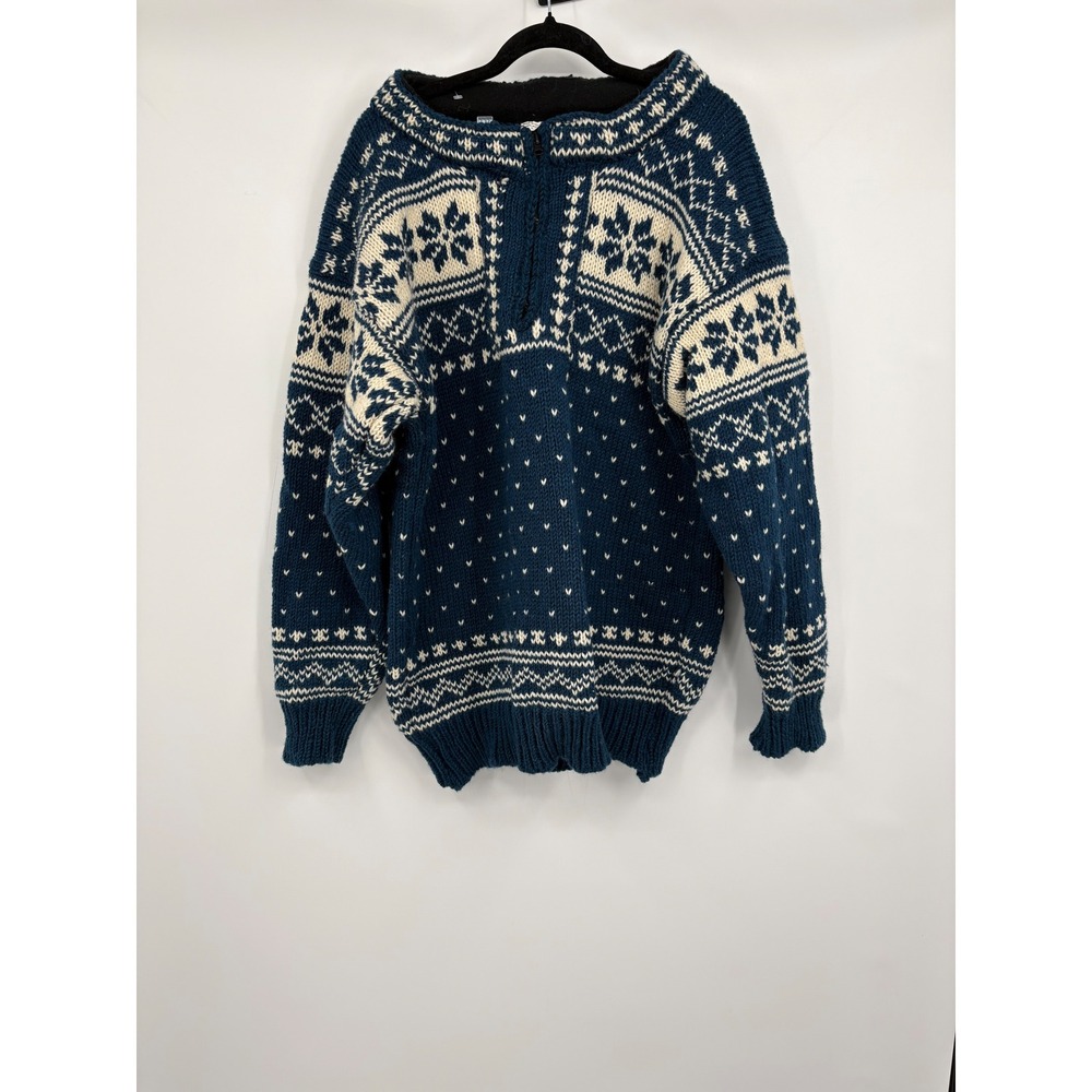 Vintage Hand Knit 100% Wool Nordic Fair Isle Sweater Blue Cream Nepal Mens Large